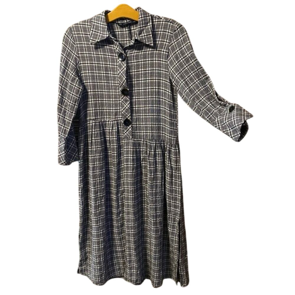 Zara Basics Plaid Black White Dress lagenlook buttons XS goth emo artsy fun